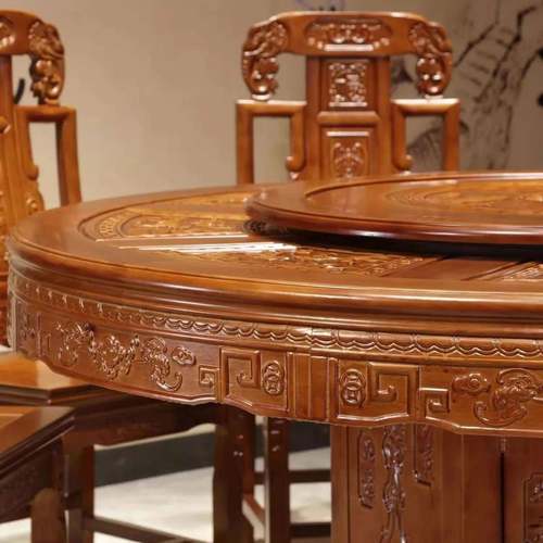 实木餐桌椅餐桌组合橡胶木仿古雕花餐桌椅中式圆桌家用古典实木