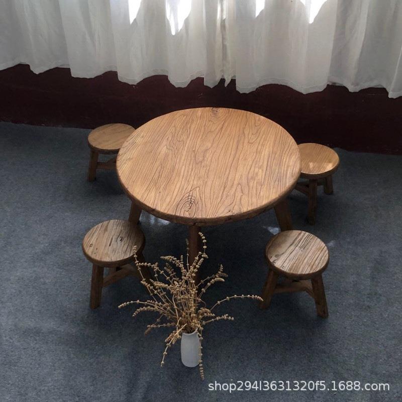 老榆木圆桌餐桌家用饭桌饭店大圆桌新中式圆形餐桌椅组