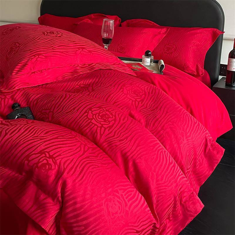 亲肤提花新中式纯棉婚庆四件套简约大红被套喜庆简单大方婚庆用品