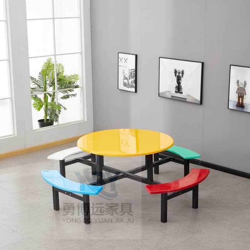 学校食堂餐桌椅圆形员工餐厅桌椅食堂不锈钢餐桌8人玻璃钢连体餐