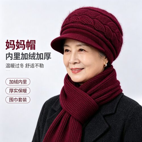 中年妈妈帽子女冬季毛绒保暖毛线帽老年人奶奶老人老太太秋冬棉帽