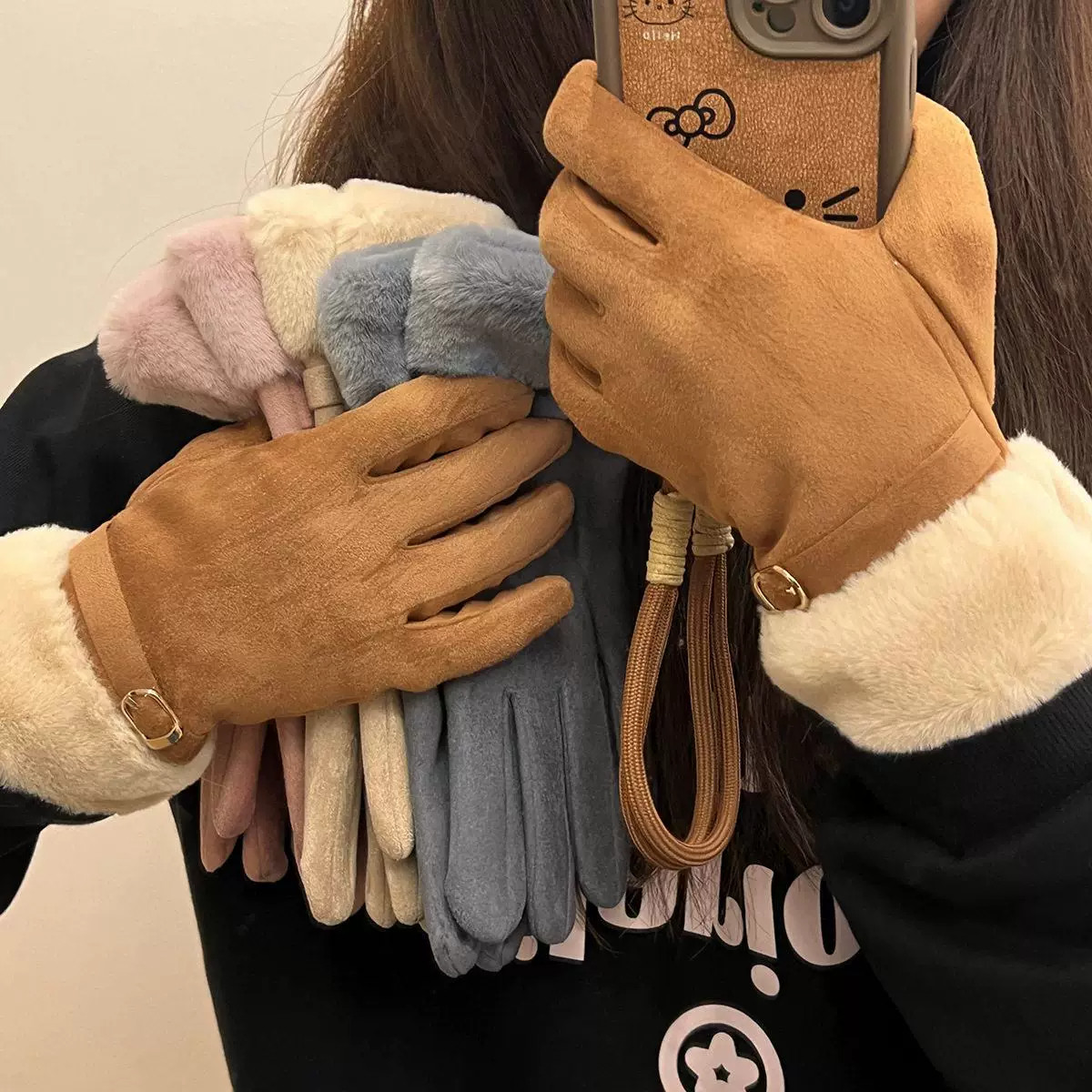 新款加绒手套冬季女加绒加厚麂皮手套防风防寒户外骑行开车可触屏