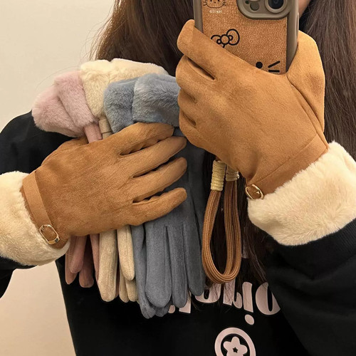 新款加绒手套冬季女加绒加厚麂皮手套防风防寒户外骑行开车可触屏