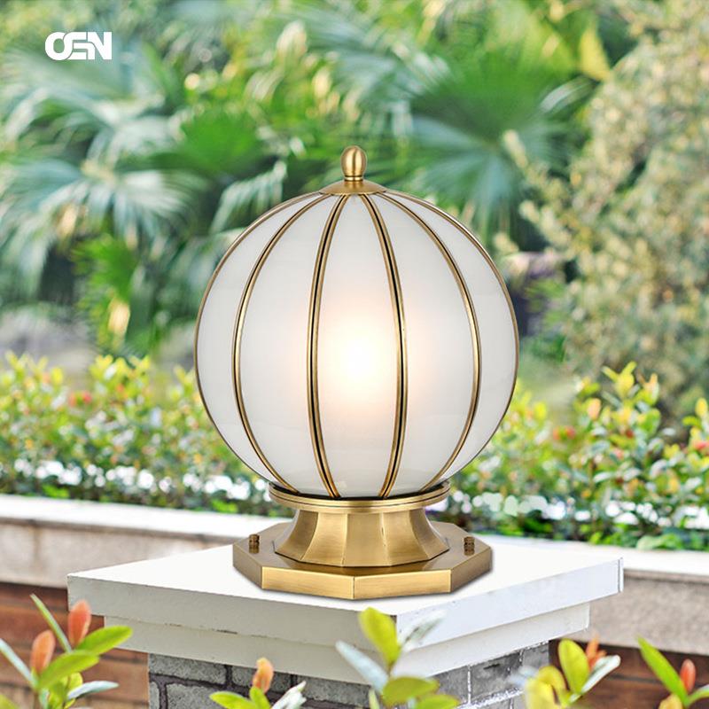 全铜柱头灯户外防水太阳能柱头灯圆形围墙灯别墅庭院接电款门柱灯
