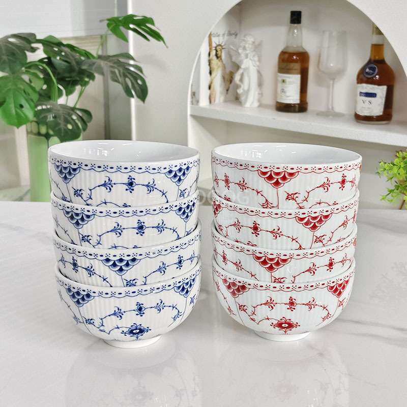 骨瓷青花釉下彩唐草蕾丝纹米饭碗高颜值家用餐具碗厂家 直销