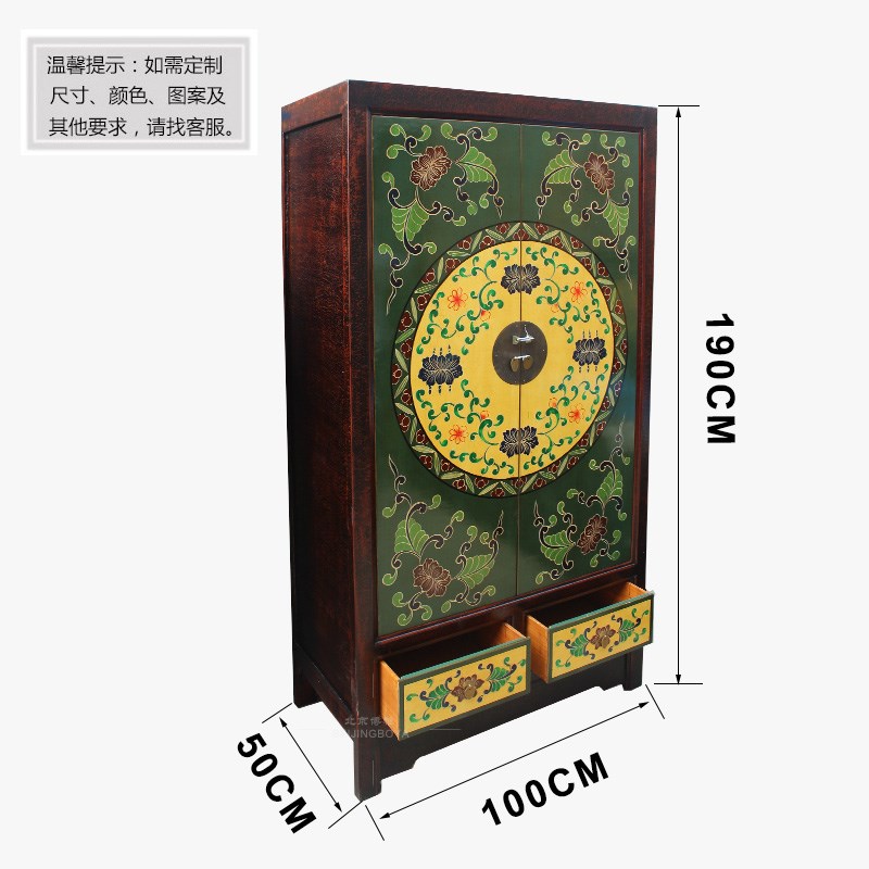 新中式整体成品轻奢松木衣柜双开门大衣橱复古手绘立柜储物柜卧室