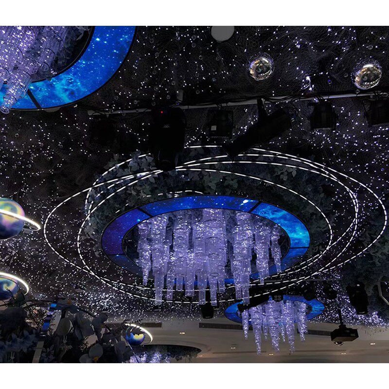 新款婚庆蓝色海洋星空主题婚礼堂顶部铁艺发光圆形灯箱压克力吊灯