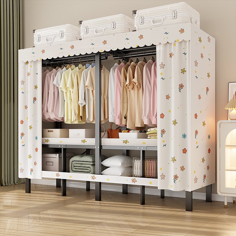 简易衣柜卧室家用金属折叠布衣柜出租房用免安装加粗加厚全钢架