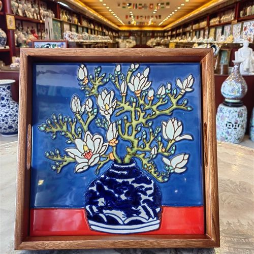 高两河手绘立体浮雕瓷板画陶瓷托盘茶盘花卉花鸟茶托盘瓷板画非遗