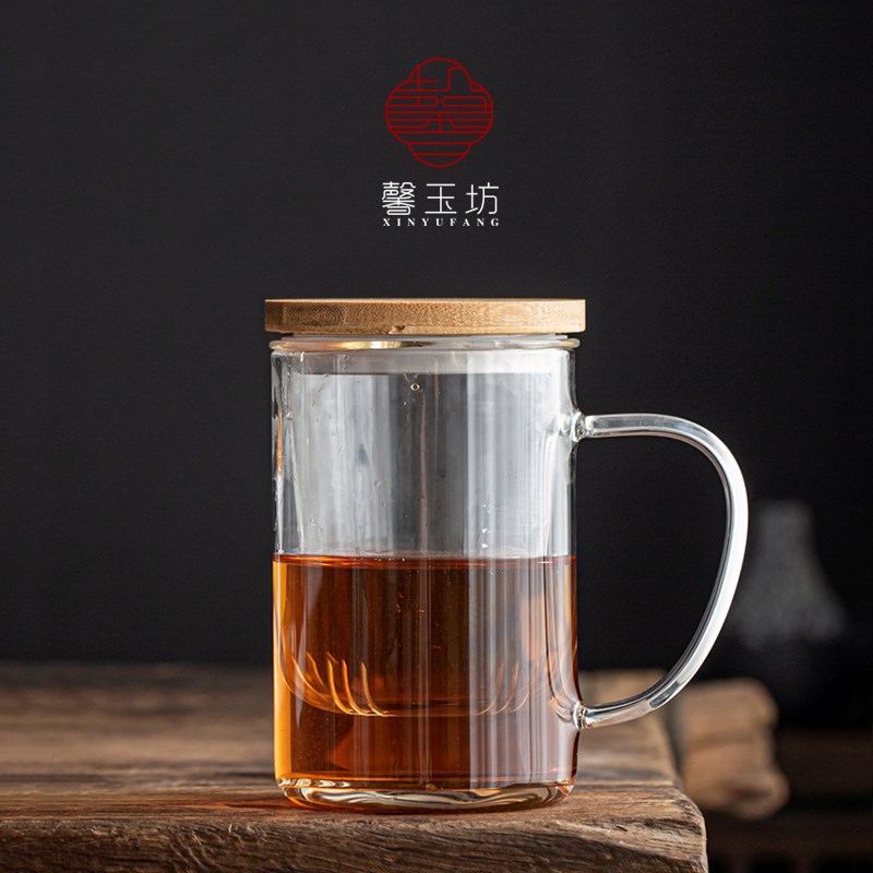 馨玉坊竹盖直身玻璃杯过滤办公杯个人杯花茶耐热可加热底部玻璃杯