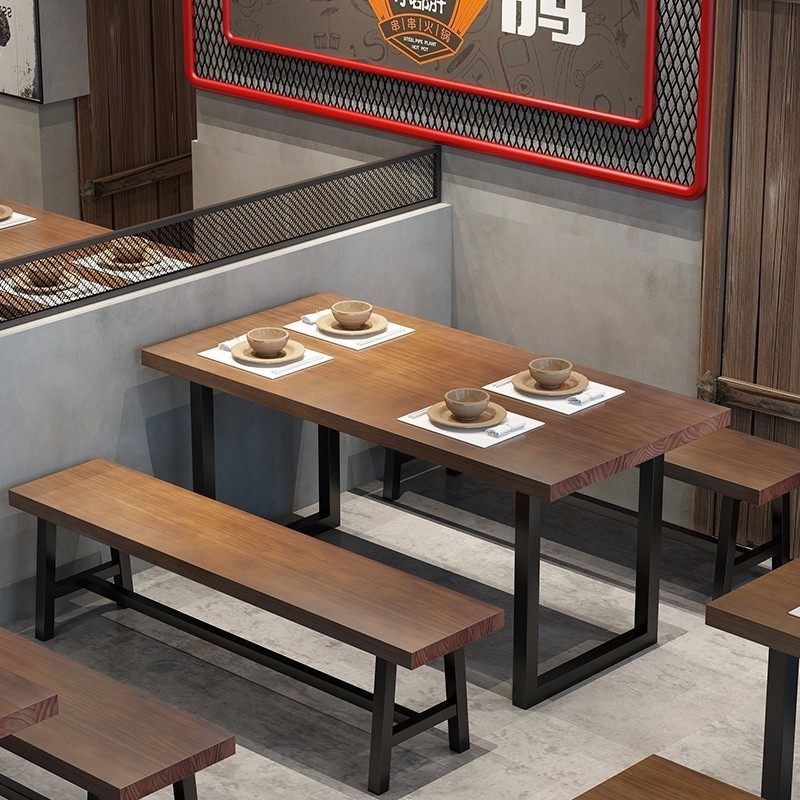 工业风咖啡休闲桌子实木长方形餐桌长凳复古火锅烧烤店餐桌椅组合