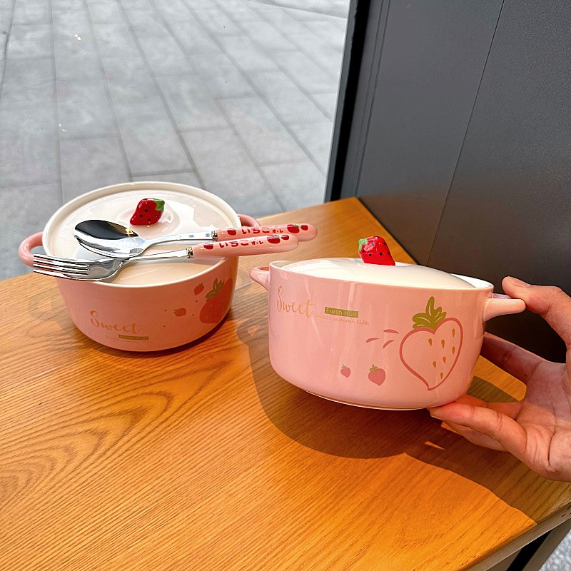 可爱卡通少女心水果立体带盖陶瓷草莓泡面碗学生家用大容量方便碗