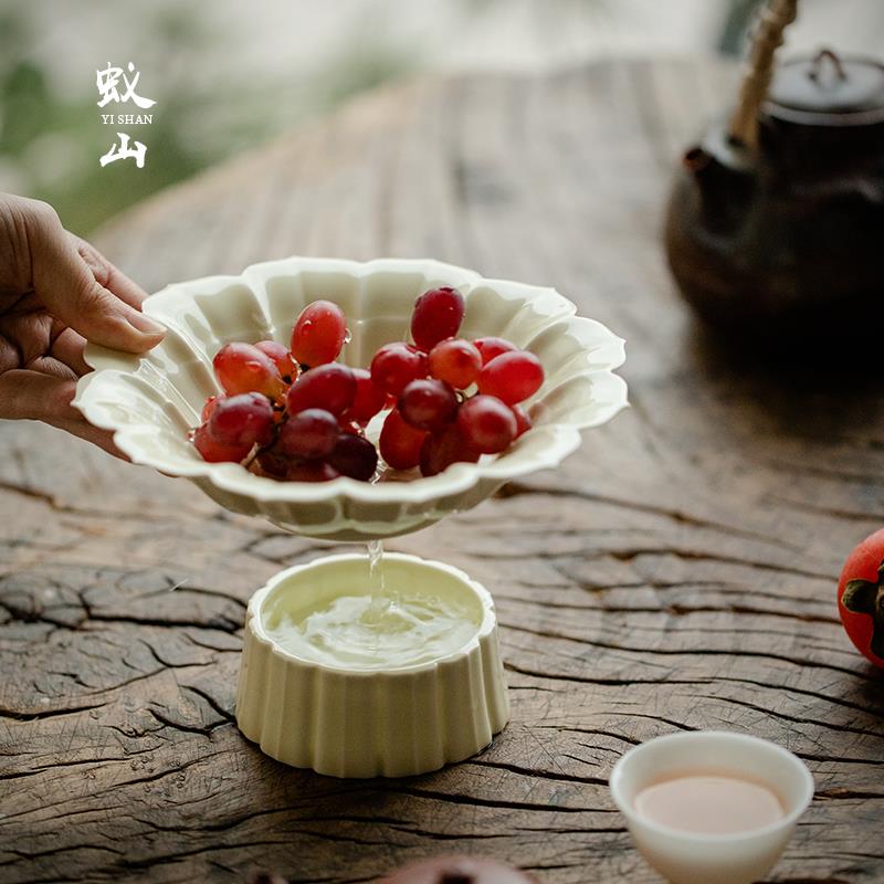 蚁山 复古莲蓬高足点心家用创意双层可沥水水果盘中式茶点零食盘