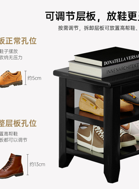 家用门口穿衣镜换鞋凳木质黑色玄关凳子实木两层鞋架坐凳一体进门