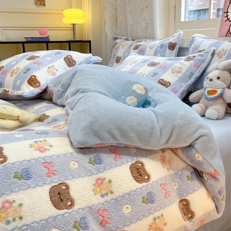 晚安猫可爱少女心雪花绒加厚四件套秋冬双面绒学生宿舍被套床品