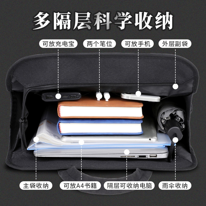 新款手提文件袋公文包防水大容量拉链文件袋手提包加厚黑色时尚商