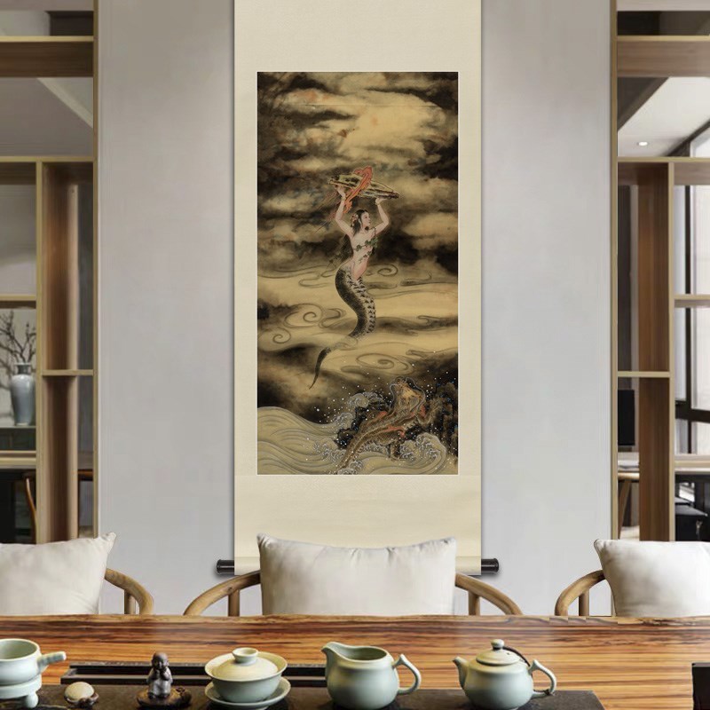 工笔上古神话人物画女娲娘娘补天图玄关书房中式卷轴画框装饰挂画