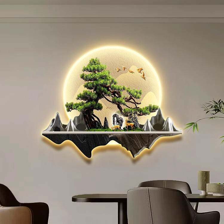 迎客松入户玄关装饰画新中式正对门山水挂画挂件走廊过道壁画灯画