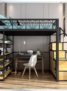 床楼铁艺高架床省空间多功能柜床复式二床上床下桌小梯KRR户型楼