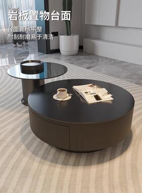岩板圆形茶几客厅用奢现代简约小轻户大型黑色YVA茶桌玻璃意家式