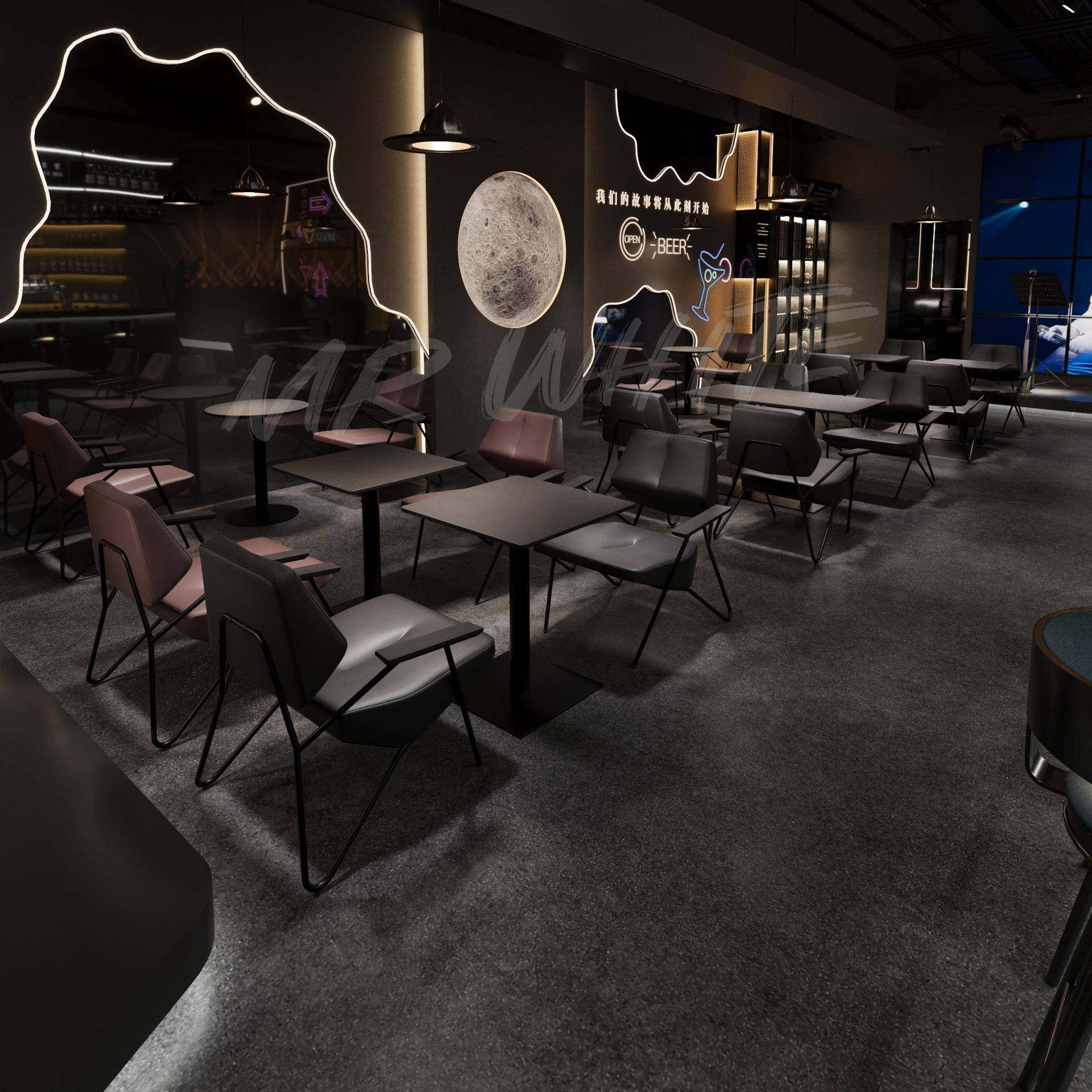 酒吧UGA静吧发成套桌椅组合铁框架沙椅艺清吧黑色格岩风板桌餐桌