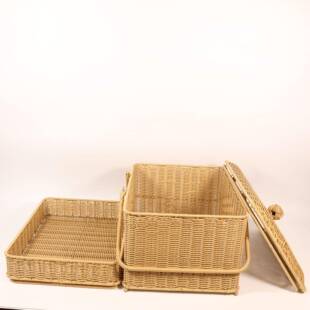 拜拜篮户外露营仿藤编菜篮子手提篮双层编织格子带盖藤编收纳筐