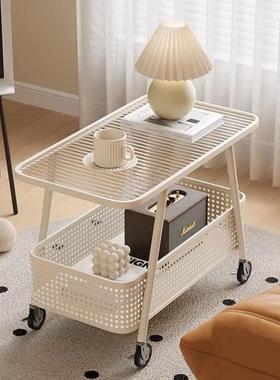 25沙新款PUW奶油风可2移动发边0几边柜床头钢化玻璃小推车岩板小