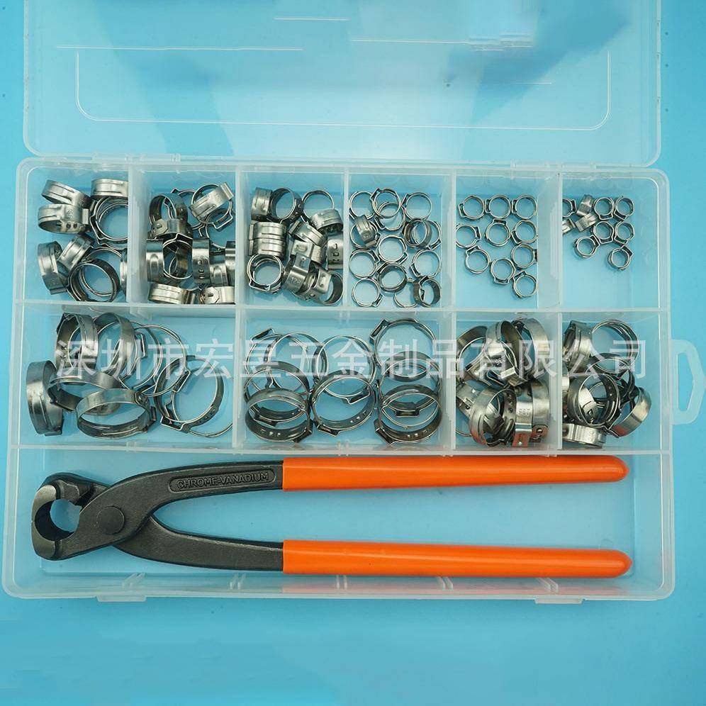 115pcsZT0不4钢单耳无极喉箍卡箍软管夹箍配一只卡钳盒装锈套装