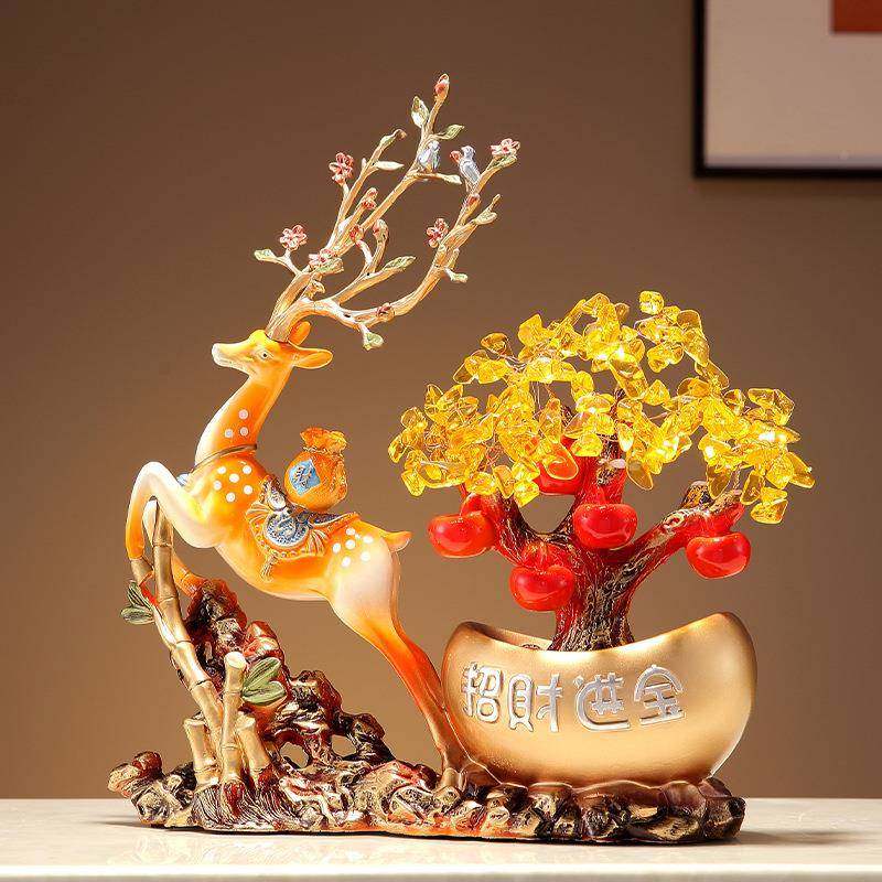 元宝发财树鹿糜摆创意新中件式工艺品客厅玄关柜电AOQ视酒柜装饰
