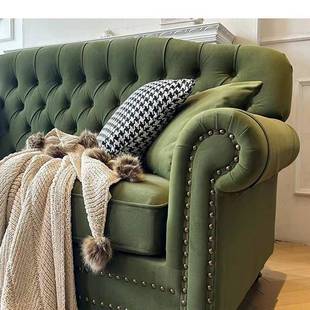 美式 复古小户布型直排艺发客厅家用三人位组沙合绿色拉沙扣无品牌