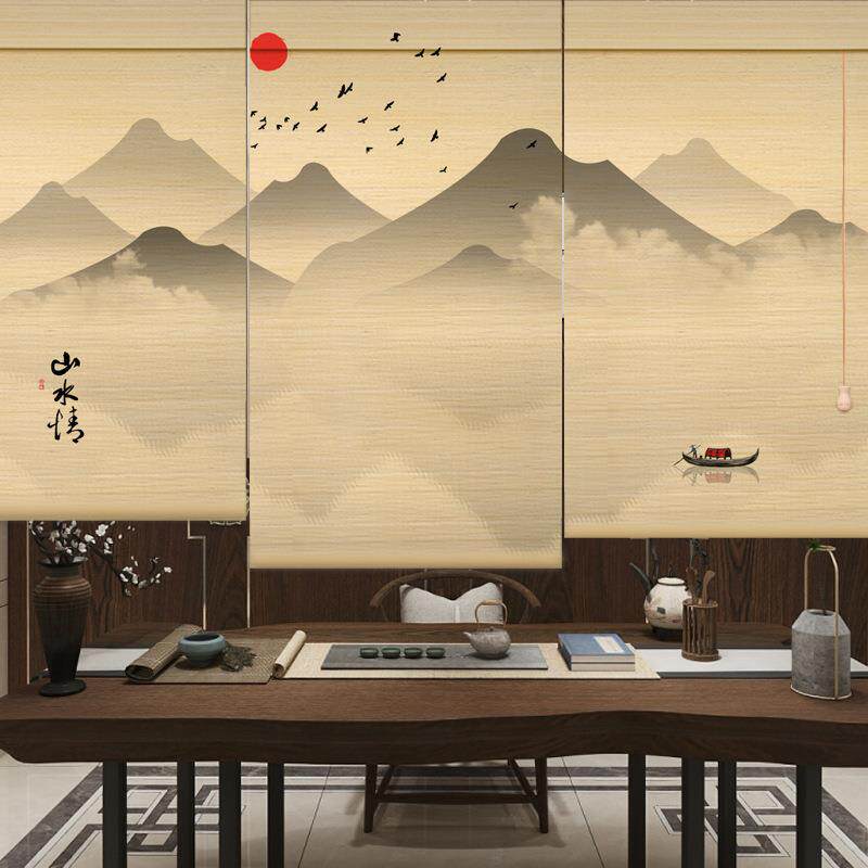 竹窗帘中式印KNU花帘遮光升帘降遮卷阳帘断隔餐厅饭店家商用门帘