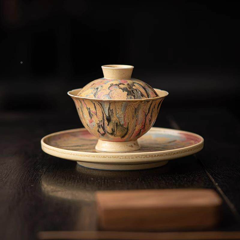 手GU0773作碗敦烧煌油画柴烧茶两才盖碗家用泡小号志野个性茶具高