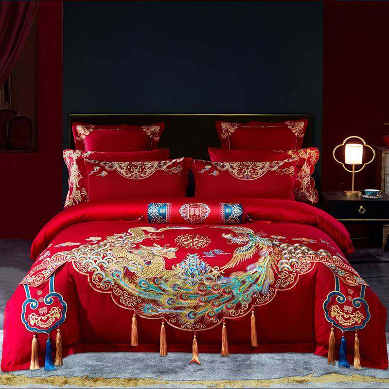 V5O陪120支中式婚庆四套长绒棉刺绣件被套结DUY4婚大红色嫁