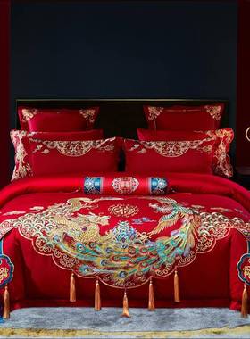 V5O陪120支中式婚庆四套长绒棉刺绣件被套结DUY4婚大红色嫁