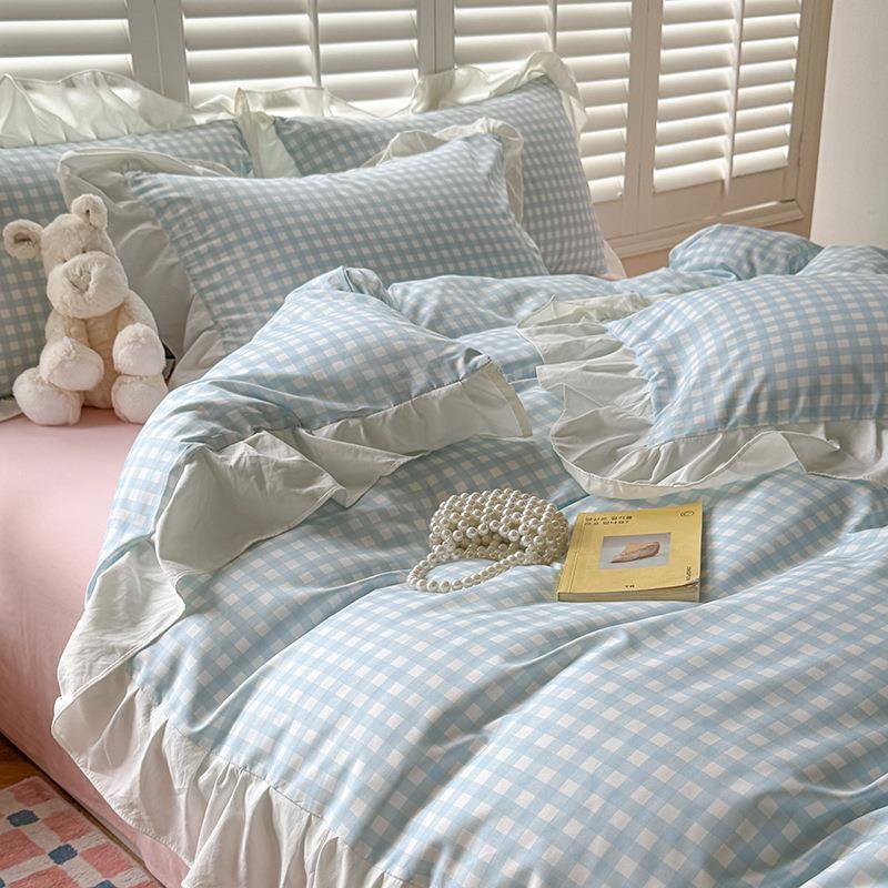 韩版花边床上用品四件套水洗棉四季通用被套罩床裙床笠床单三件套