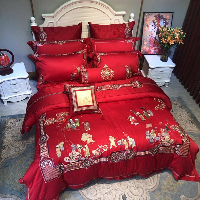 中式100支长绒棉百子图四件套刺绣结婚床上用品十件套喜庆国潮