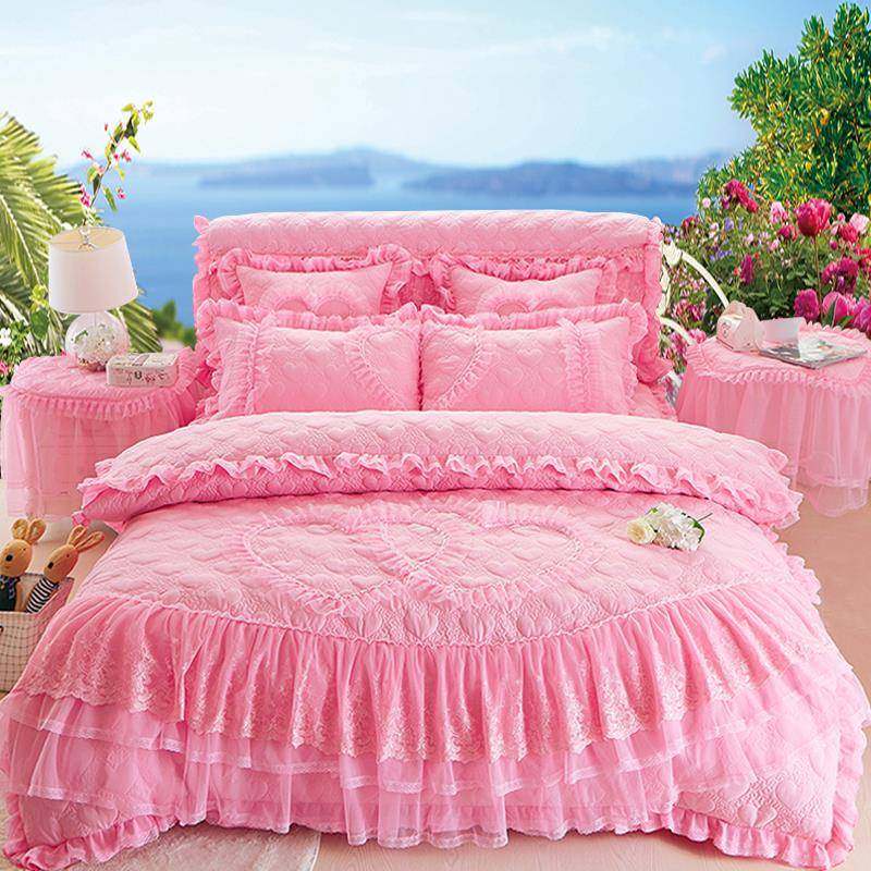 V罩PR韩版加厚夹棉床式1公主床UX裙1.8米四件套蕾丝多床罩件套婚