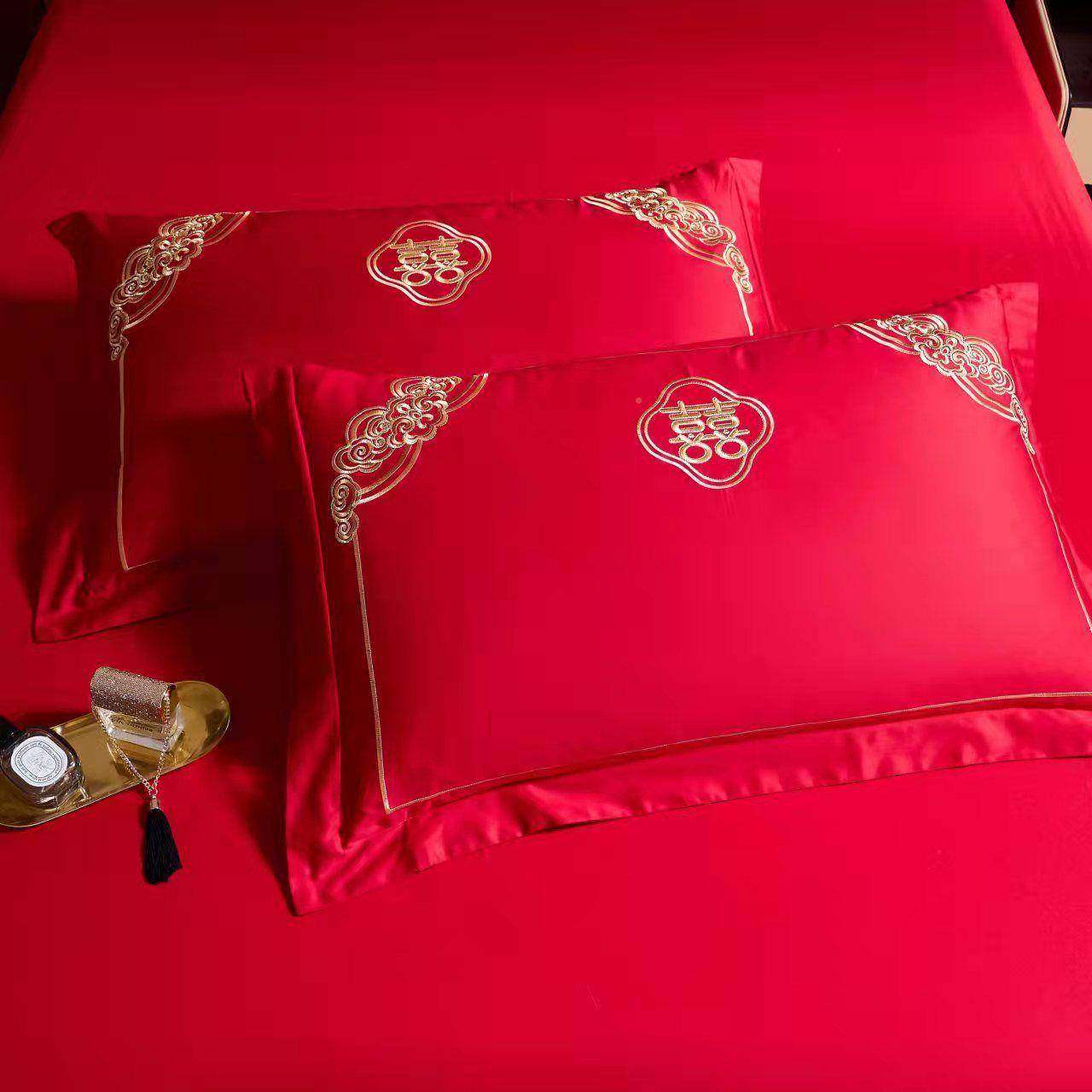 高档结婚OTB喜庆红色纯棉套一大对式装中刺绣枕头套喜字全棉枕枕