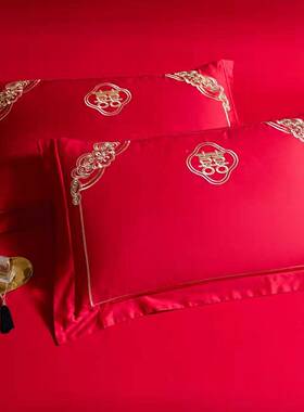 高档结婚OTB喜庆红色纯棉套一大对式装中刺绣枕头套喜字全棉枕枕