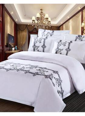 新0款印花6上S棉宾馆贡酒店布草纯白色床用SJT品缎四件套提花被套