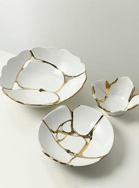 现代奢创轻意裂纹金FRT线陶瓷果盆展厅釉墅别茶几餐桌收纳盘装饰