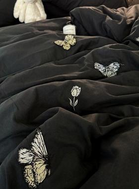 感黑色FIB刺蝴蝶被套软糯绣水洗棉上四件套简约公寓床单三床件套