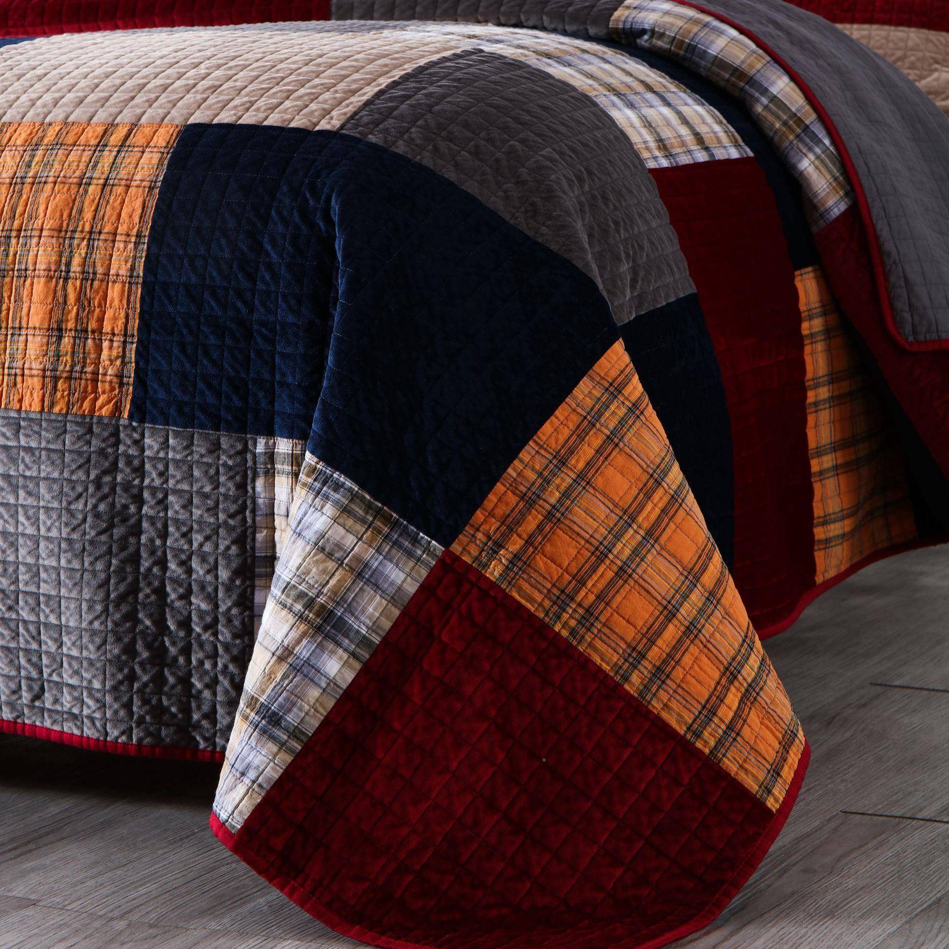 美绗秋冬高端荷兰绒色织料手工拼接缝被床盖圣RHD式诞装饰床罩面