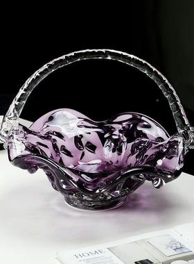 琉璃色创意18529手提果盘轻奢家居艺术果盘装饰紫摆件客厅收篮纳水果篮