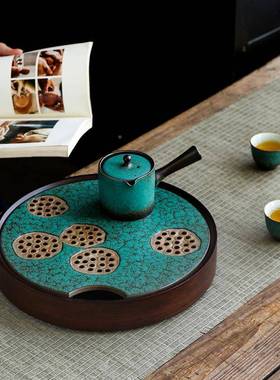 春澜竹笙绿茶盘陶瓷板密底盘面储水式干泡盘日式祖母CLCP2022茶台