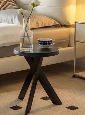 实黑色木小茶边几沙圆发桌XOD子床头柜中复古风法极简矮式置物架