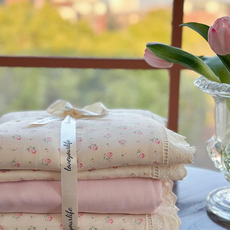 A生类丝花边全棉双层纱四件套小碎花1.蜜橙5m纯蕾学棉宿舍三件套