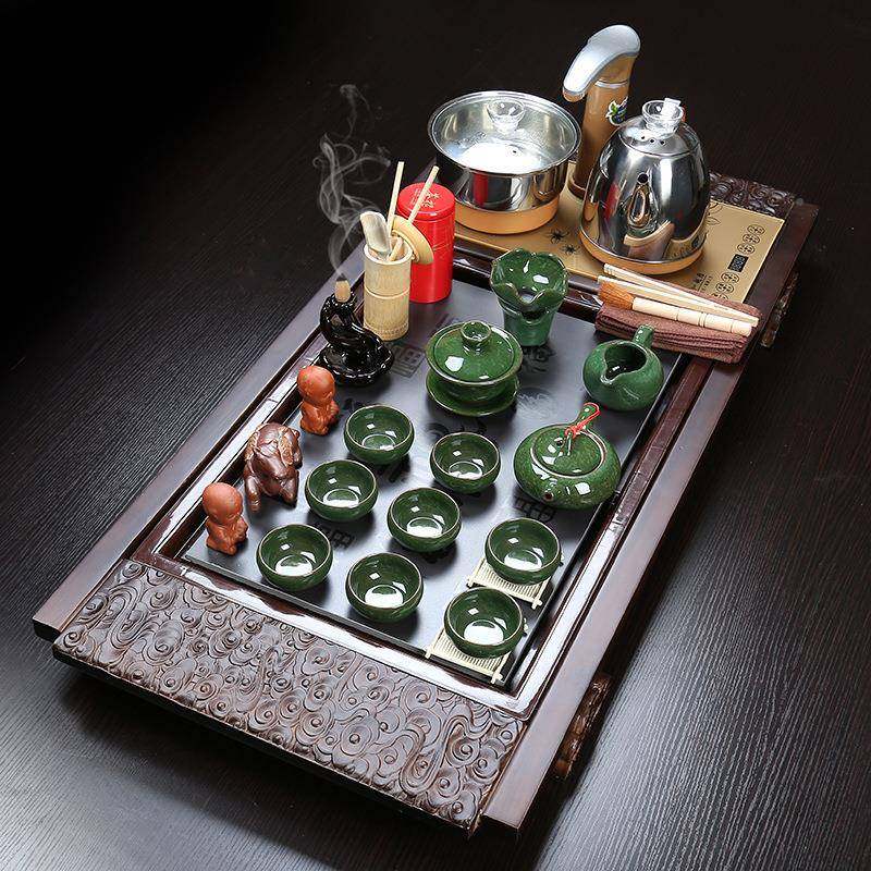 整4410套家用客紫砂功夫陶瓷茶具套装实木茶厅茶盘具云万福祥茶盘