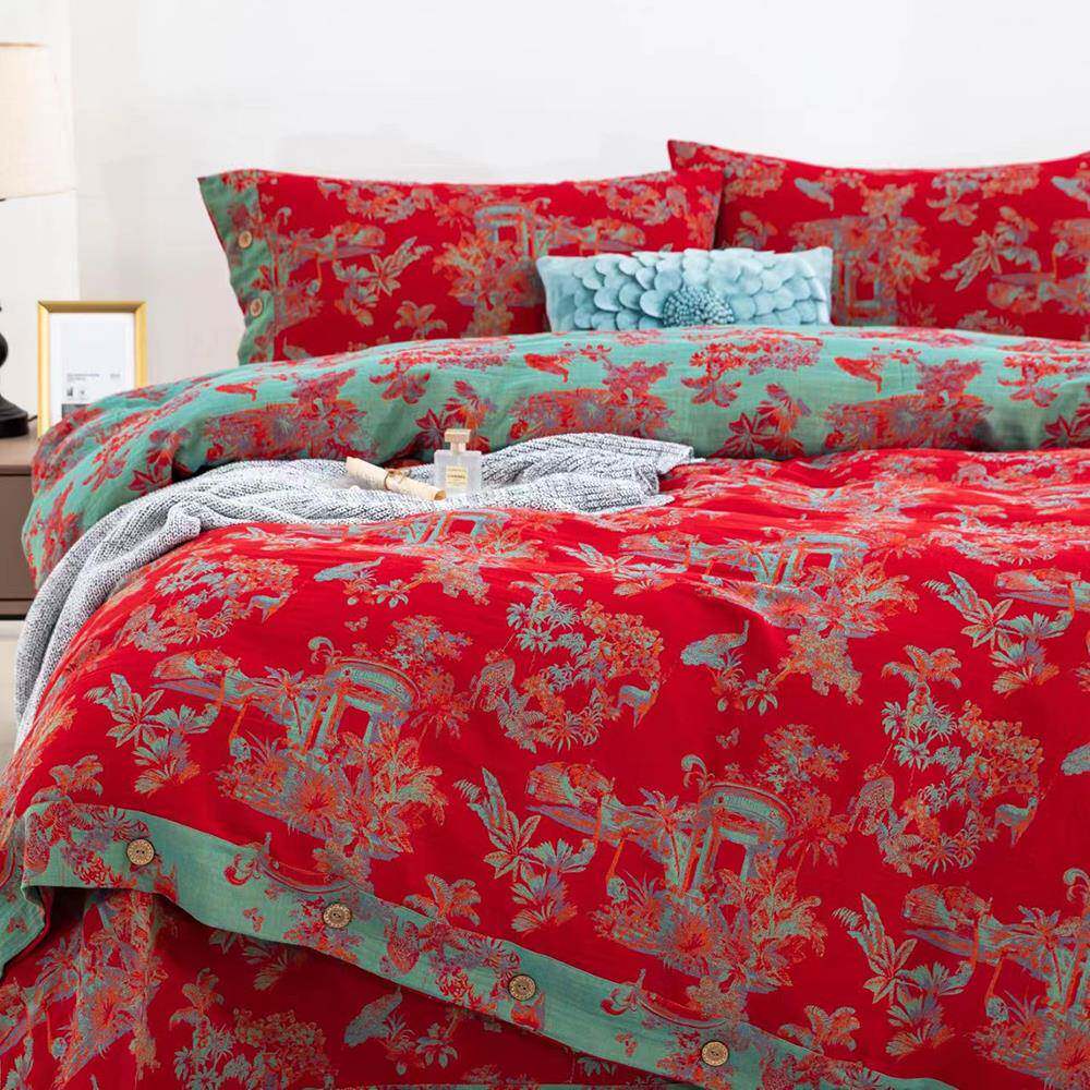 床上四件套棉双层纱a类秋冬床单套红色结F775S9M5婚嫁新用被品纯