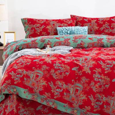 床上四件套棉双层纱a类秋冬床单套红色结F775S9M5婚嫁新用被品纯